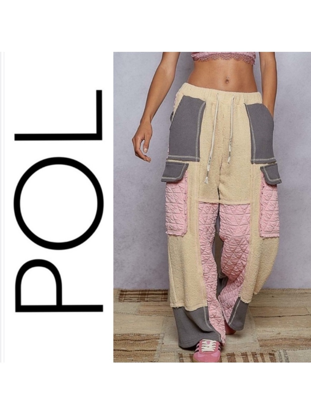 NWOT P.O.L Patchwork Cargo Lounge Pants in Cream & Pink | Three Bird Nest